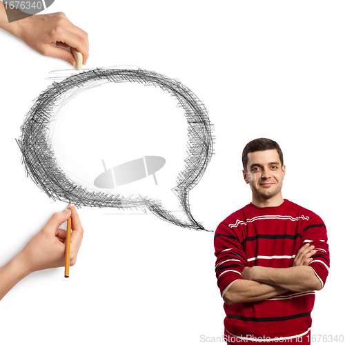 Image of human hands with speech bubble and man