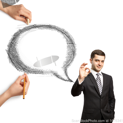 Image of human hands with speech bubble and man