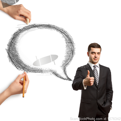 Image of human hands with speech bubble and man