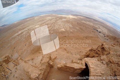 Image of Fisheye view of desert landscape near the Dead Sea seen from ruins of Masada fortress