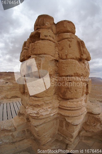 Image of Fisheye view of ancient broken column of King Herodes palace in Masada 