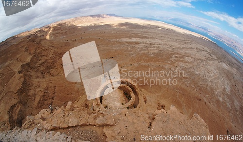 Image of Fisheye view of desert landscape near the Dead Sea seen from Masada fortress