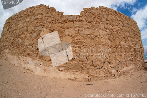 Image of Fisheye view of ancient fortress ruin in the desert near the Dead Sea