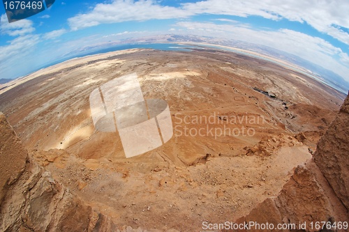 Image of Fisheye view of desert landscape near the Dead Sea seen from Masada fortress