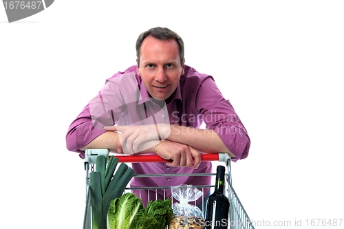Image of Man leans on shopping cart