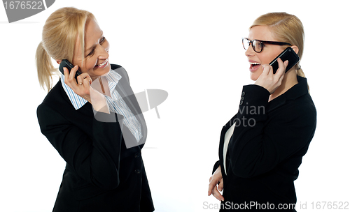 Image of Businesswomen communicating via mobile phones