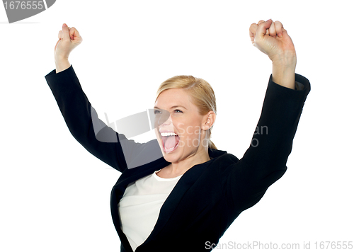 Image of Experienced corporate woman sharing success