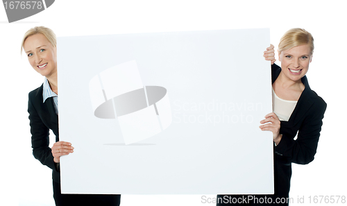 Image of Female business representatives presenting blank banner ad