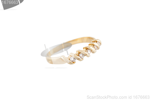 Image of Gold ring with clear stones on white background 