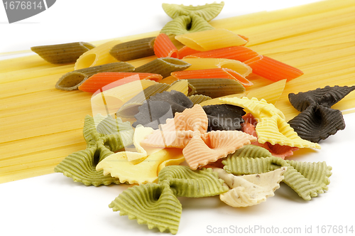 Image of Italian pasta spaghetti, Penne rigate tricolore and farfalle