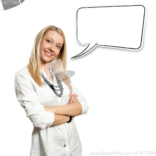 Image of young businesswoman with crossed hands