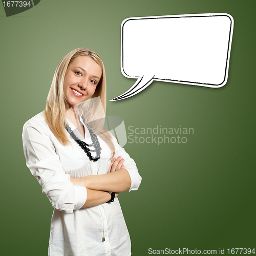 Image of young businesswoman with crossed hands