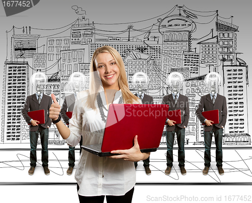 Image of woman and lamp head businesspeople with laptop