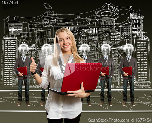 Image of woman and lamp head businesspeople with laptop