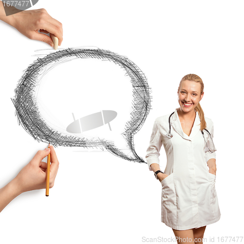 Image of human hands with speech bubble and woman