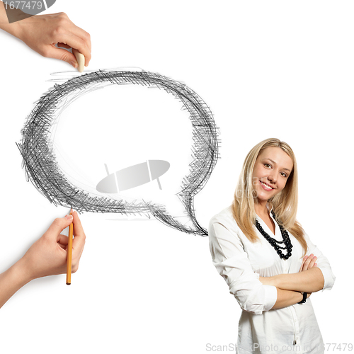 Image of human hands with speech bubble and woman