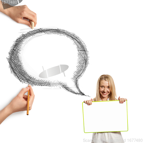Image of human hands with speech bubble and woman