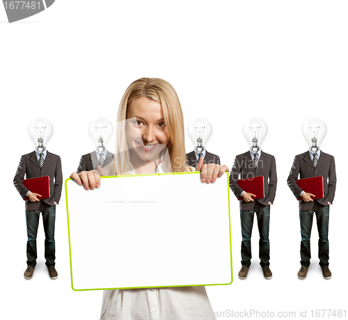 Image of woman and lamp head businesspeople with laptop