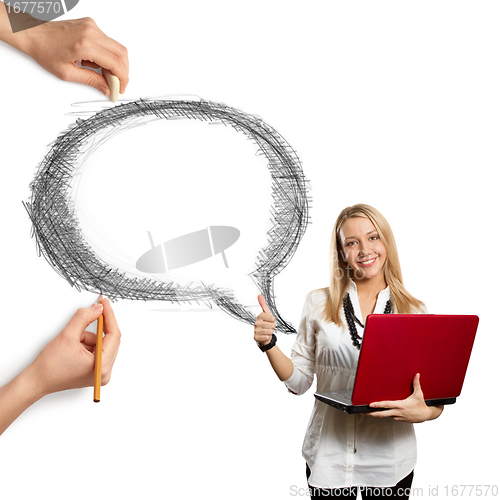 Image of human hands with speech bubble and woman