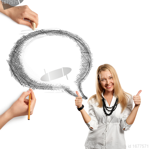 Image of human hands with speech bubble and woman