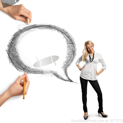 Image of human hands with speech bubble and woman