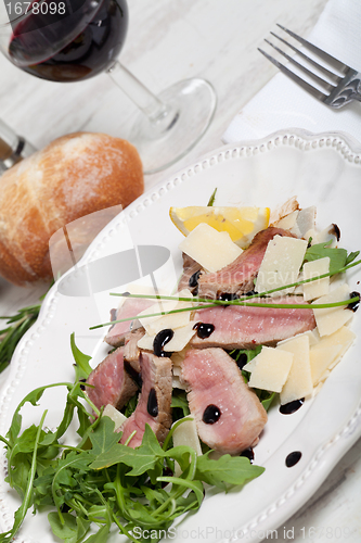 Image of Beef on arugula salad and parmesan