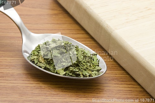 Image of Spoonful of chopped coriander leaves

