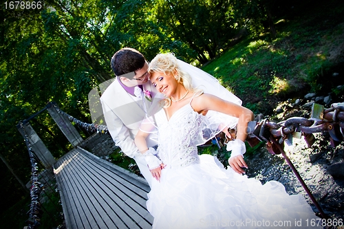 Image of Happy groom and bride on bridge