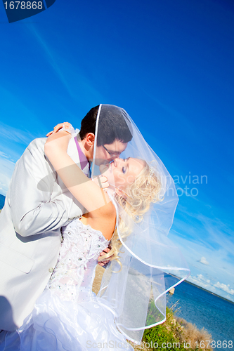 Image of tender kiss of happy groom and bride on a sea coast