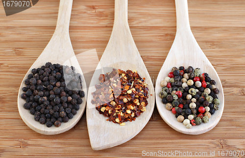 Image of Three types of pepper on wooden spoons