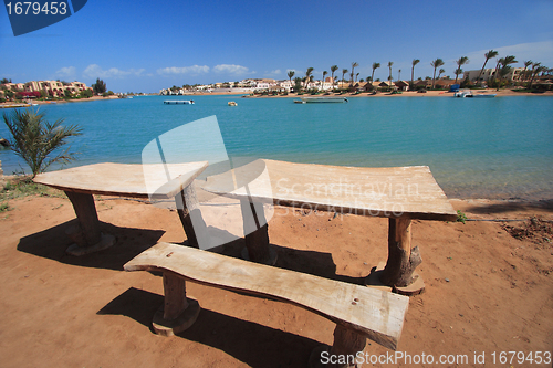 Image of bench with a view over Mediterranean Sea