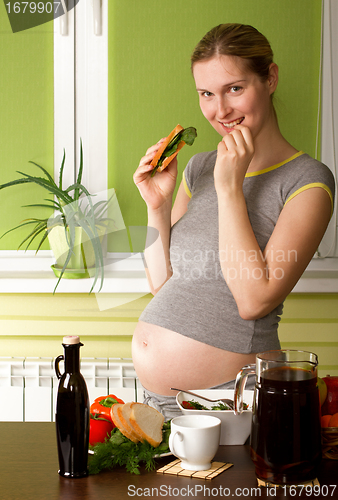 Image of Pregnant Woman On Kitchen