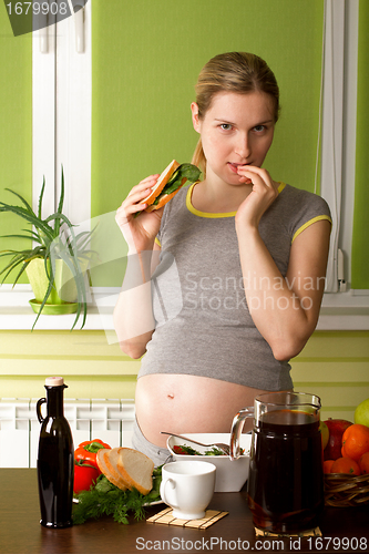 Image of Pregnant Woman On Kitchen