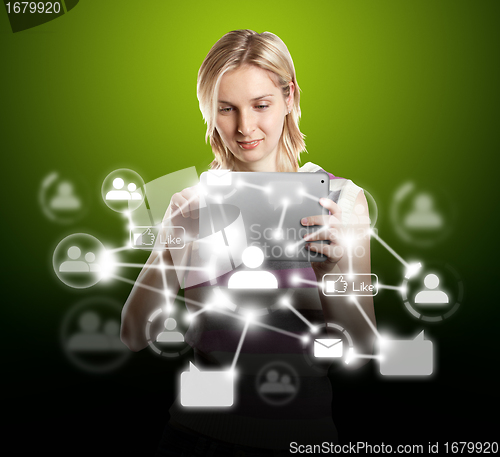 Image of Businesswoman With Touch Pad in Social Network