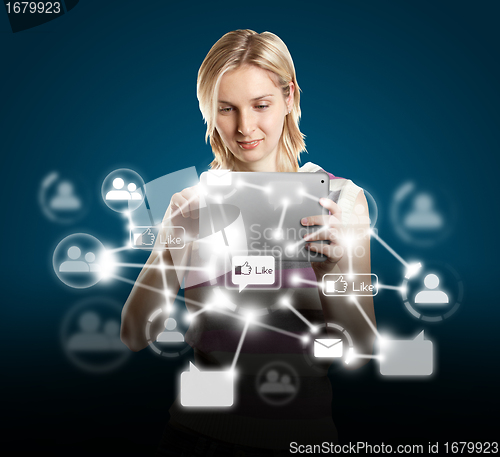 Image of Businesswoman With Touch Pad in Social Network