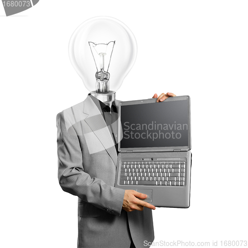 Image of Lamp Head Businessman with Laptop