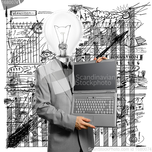 Image of Lamp Head Businessman with Laptop