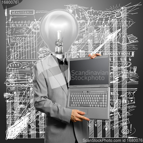 Image of Lamp Head Businessman with Laptop