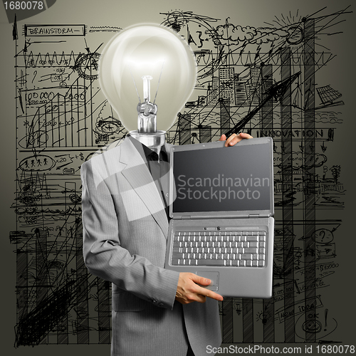 Image of Lamp Head Businessman with Laptop