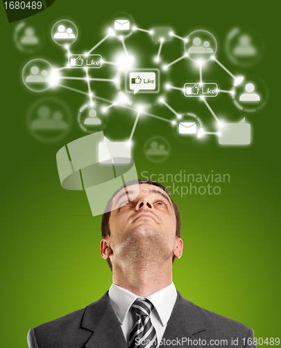 Image of Businessman Looking Upwards in Social Network