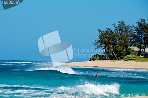 Image of Lone surfer amongst breaking waves