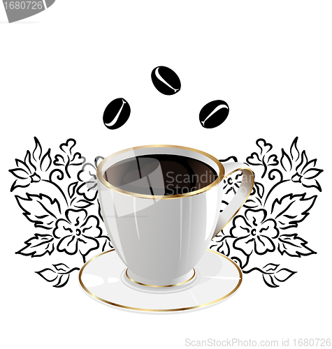 Image of Cup of coffee isolated with floral design elements and coffee be