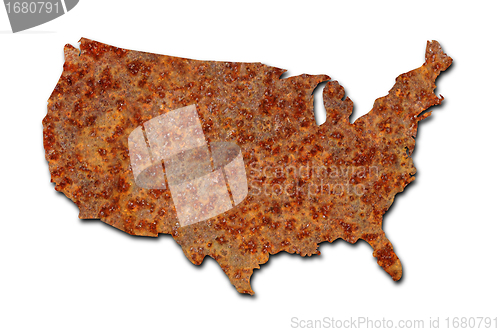 Image of Rusted corroded metal map of the United States on white