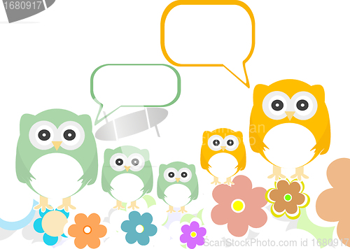 Image of owl family with flowers and speech bubbles