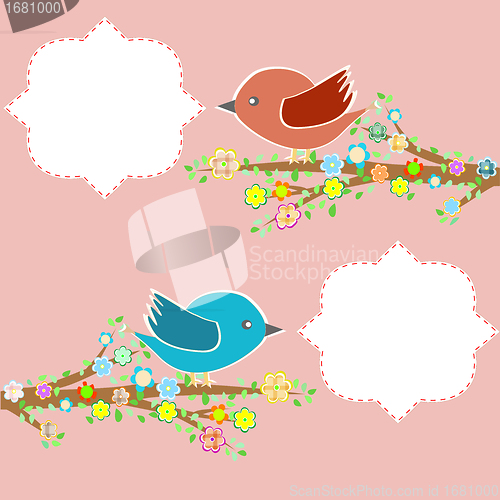 Image of two birds in the trees with speech bubbles on tree branch