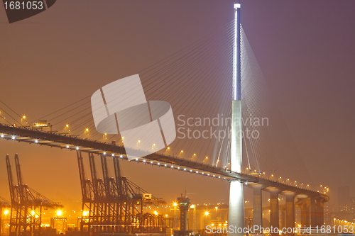 Image of container terminal and stonecutter bridge in Hong Kong 