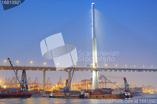 Image of container terminal and stonecutter bridge in Hong Kong 