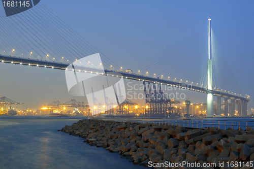Image of container terminal and stonecutter bridge in Hong Kong 