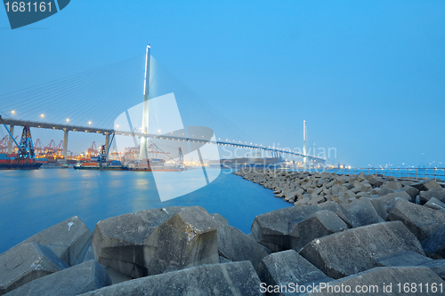 Image of container terminal and stonecutter bridge in Hong Kong 
