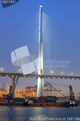 Image of container terminal and stonecutter bridge in Hong Kong 